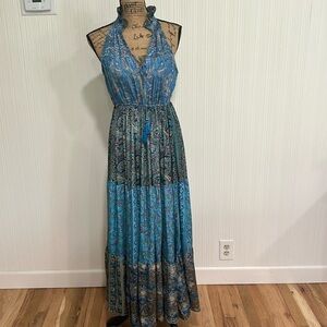 Florencia Blue Paisley Maxi Dress Made in Spain 70% Silk